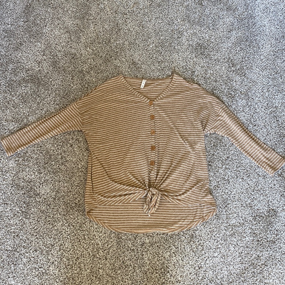 Tan and white striped button up dolman sleeve top
